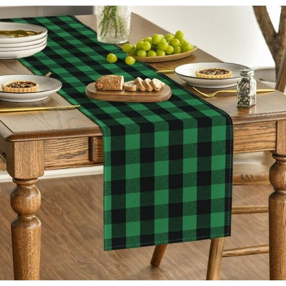 Table Runner 13x72in Polyester Green and Black Buffalo Check - Picture 1 of 3